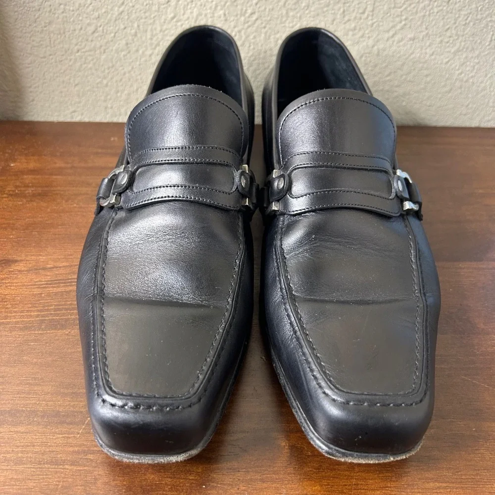 Salvatore Ferragamo Loafers 10 EE Mens Black Leather Gancini Square‎ Toe Italy